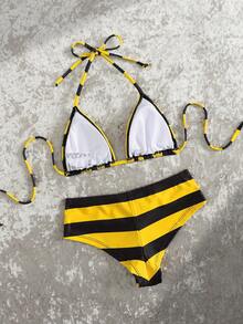 阳光条纹两件式女士泳装 - 亮黄色和黑色挂脖比基尼，系带下装 | 完美打造海滩度假和泳池边的迷人夏日风情 - 黃色 - 查看 7