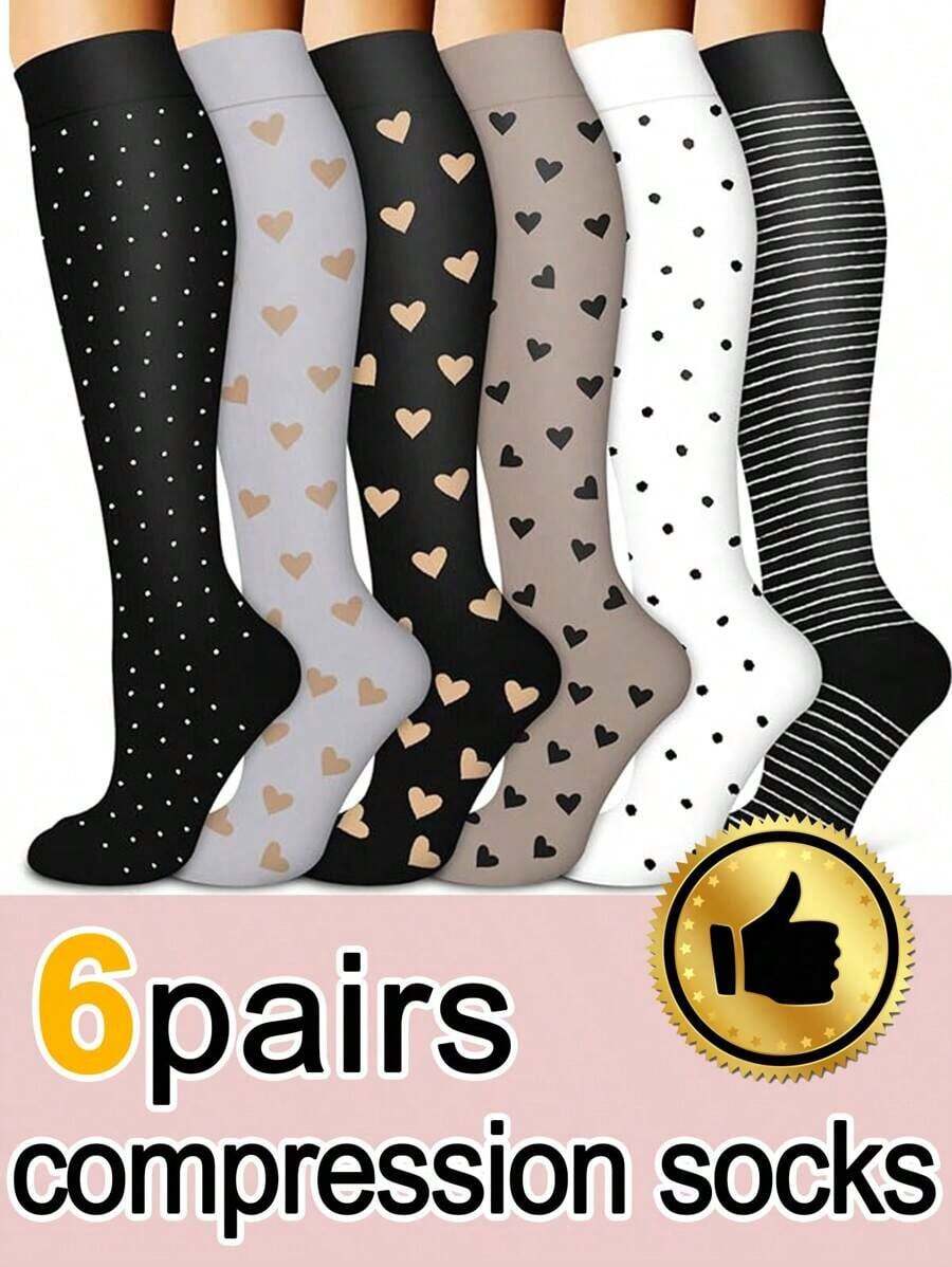 6 Pairs Women Men Socks, Soft Lightweight Knee High Tube Socks Unisex Low Pressure Socks Support Nurses,Running,Athletic,Travel, Fall - Multicolor 2 - View 1