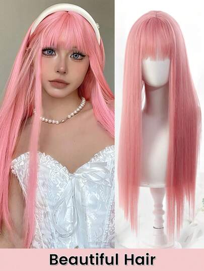 Women's Fashion Long Straight Synthetic Colored Wigs, Available In Platinum Blonde, Purple, Blue, Green, Blue, Gray, Suitable For Daily Wear, Halloween, Cosplay And Other Occasions. Synthetic Straight Wigs With Bangs, 24 Inches Long, Heat Resistant Pink, Suitable For Women's Halloween And Christmas Occasions.