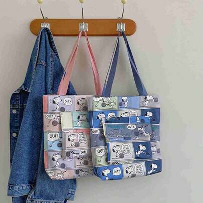 SNOOPY 1pc 2026 New Canvas Bag Handbag, Classic Peanut Comic Cartoon Periphery, Super Popular For The Start Of School Season! The Korean Version Of The Artistic Tote Style Is Portable And Can Be Carried On O-Ne Shoulder. It Has A Large Capacity And Is Extremely Practical, Suitable For School, Commuting, And Shopping.