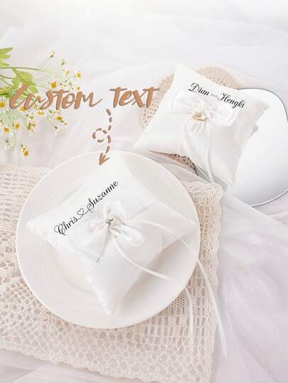 Customized Wedding Ring Pillow, Elegant Ring Holder With A Large Bow, Featuring A Custom Name, Premium Satin Wedding Ring Cushion, Square Ring Holder With Ribbon Bow, Romantic Wedding Ring Stand, Hand Wash Only, Suitable For Wedding Ceremonies, Wedding And Party Decorations, Anniversaries, The Perfect Wedding Party Gift For The Bride And Groom.