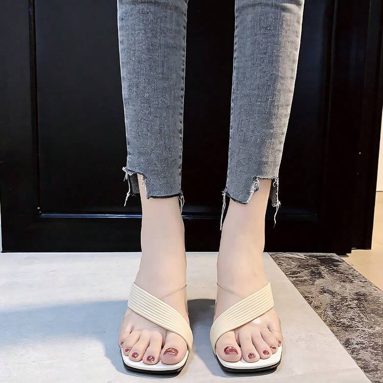 Sandalias de tacón alto para mujeres Sandalias transparentes de tacón alto con tiras cruzadas para mujer Novedad de verano Sandalias romanas de tacón fino y punta cuadrada con puntera abierta para mujer - Beis - Añade 8