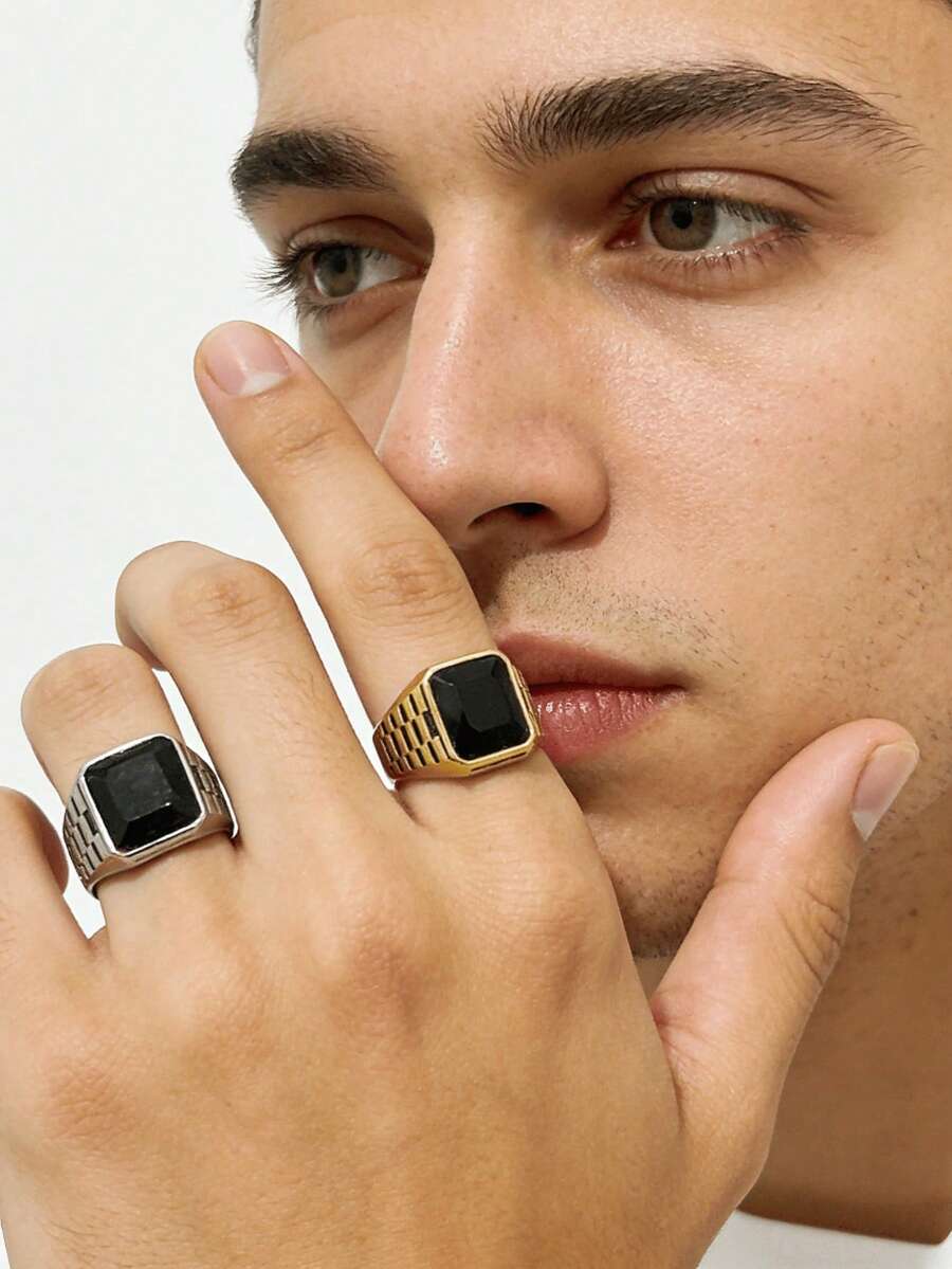 1pc Squared Rhinestone Stainless Steel Ring For Men, Durable Waterproof Non-Fading Hypoallergenic, Suitable For Daily Wear, Business Travel - Black Stone-set Men's Ring - View 1