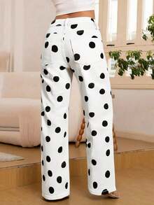 Pantalones rectos de primavera casuales con bolsillo delantero elástico a lunares en estilo retro dulce y nuevo - Blanco - Ver 6