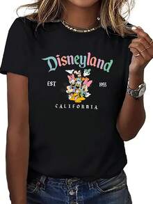 (Loose Version)Disneyland Est. 1955 California Themed Cotton T-Shirt For Women, Short Sleeve Round Neck Black Graphic Tee, Medium Stretch Regular Fit Short-Sleeved Round Neck Casual Shirt Necessary In Summer, Suitable For Summer And Spring, Holiday Gift Party Clothing, Ladies' Clothing. - Black - View 1