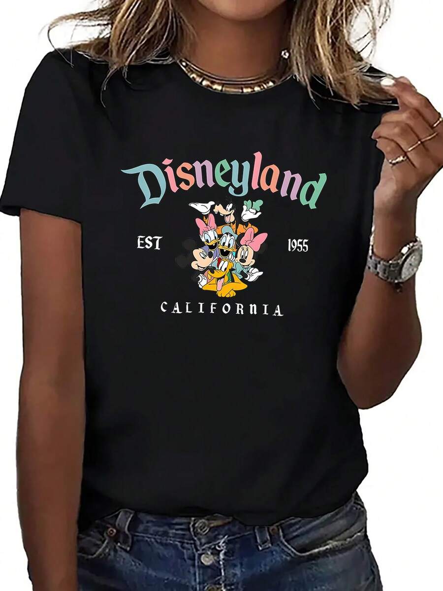 (Loose Version)Disneyland Est. 1955 California Themed Cotton T-Shirt For Women, Short Sleeve Round Neck Black Graphic Tee, Medium Stretch Regular Fit Short-Sleeved Round Neck Casual Shirt Necessary In Summer, Suitable For Summer And Spring, Holiday Gift Party Clothing, Ladies' Clothing. - Black - View 1
