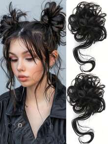 2件套凌乱发髻假发片，蓬松盘发造型，带卷发发髻接发，波浪卷合成凌乱发髻发饰，女士弹力发圈发髻假发片 - 彩色 - 查看 13