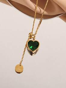 1件装不锈钢祖母绿钻石心形钛钢项链，女士款，奢华小众设计，不褪色可调节颈链 - 祖母綠抽拉項鍊 - 查看 2