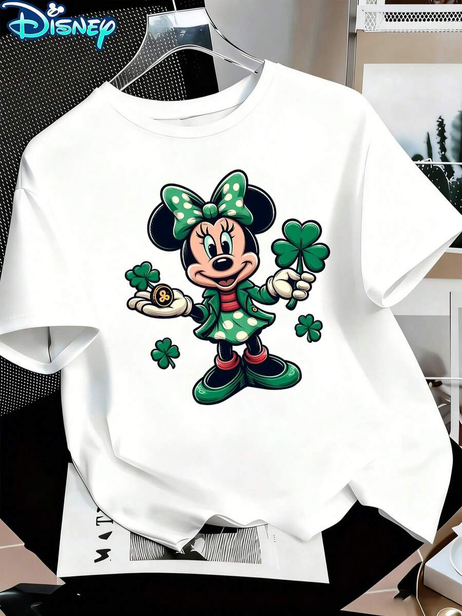 Disney Women's Minnie Mouse St. Patrick's Day Lucky Clover Short-Sleeved T-Shirt - Polka Dot Bow Theme Round-Neck Top, Soft Cotton Breathable Fabric, Daily Leisure Wear - 白色 - 查看 1