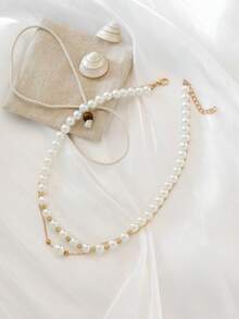 1 chiếc vòng cổ hạt ngọc trai giả kiểu INS, vòng cổ nhiều lớp thời trang, đa năng dành cho nữ. - Vàng - Xem 3