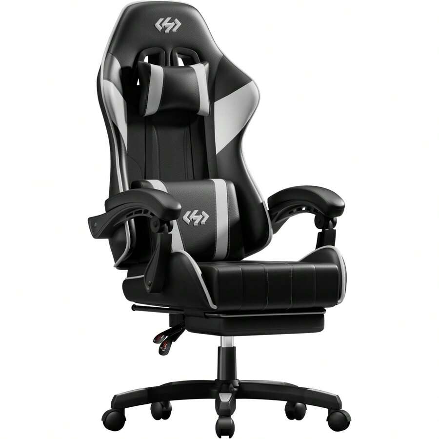 HLDIRECT Gaming Chair, Ergonomic Computer Office Chair With Lumbar Support Footrest Headrest, Adjustable Height & Backrest Angle Video Gamer Chair, PU Leather, 360° Swivel, Adult,Black And White - 黑與白 - 查看 1