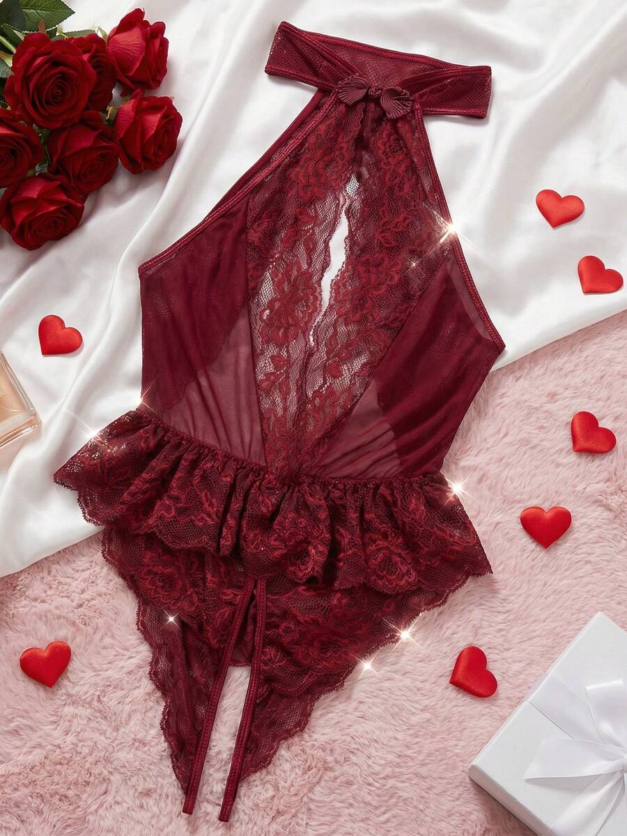 1 bộ đồ lót gợi cảm - Bộ jumpsuit hở lưng màu đỏ rượu quyến rũ với ren, khóa tròn. - Màu Đỏ Sâu - Xem 1