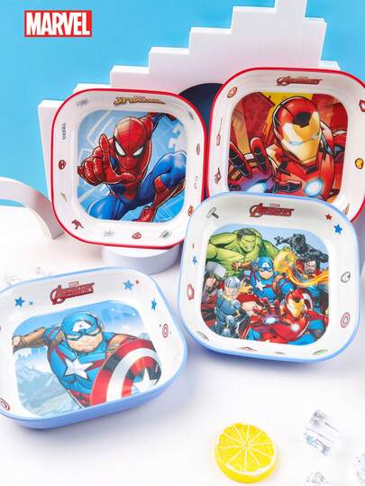  1 pieza Plato cuadrado de la serie Avengers de Marvel con licencia oficial, con los personajes de Spider-Man, Iron Man y Capitán América. Vajilla de novedad con tema de dibujos animados, decoración de personajes de anime, contenedores para aperitivos, accesorios de películas, regalos de cumpleaños.