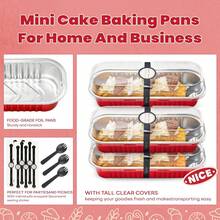 50个带盖和勺子的迷你蛋糕托盘、长方形铝箔面包烤盘、迷你吐司托盘和带盖食品容器，6.8盎司烘焙用品 - 查看 10