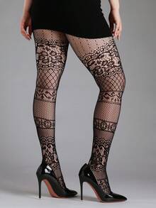 1 Pair Women's Black Gothic Jacquard Fishnet Stockings, Suitable For All Seasons - Black - View 3