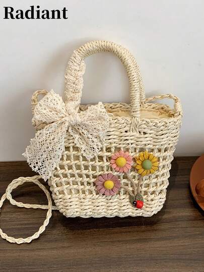 迷你花卉手工编织草编包，镂空夏季度假包，可作丝巾装饰，时尚百搭的女士手提包/斜挎包，可装手机和化妆品，适合通勤、购物、海滩旅行、短途旅行、约会等。