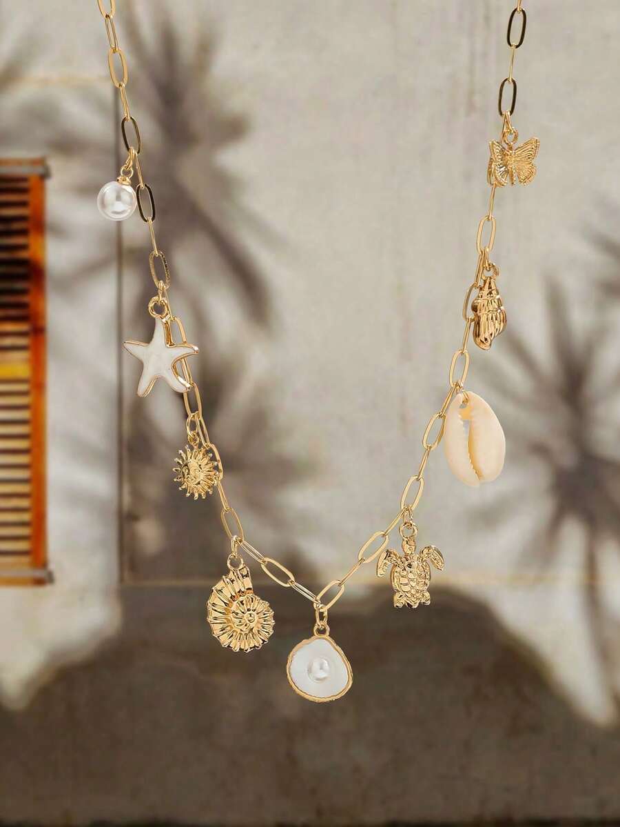 1pc Ocean Style Seashell, Turtle, Starfish Necklace With Faux Pearl Scallop & Conch Charm Pendant, Women Clavicle Chain - Vàng - Xem 1