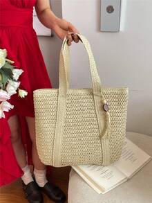 Women's Fashion Large Capacity Woven Vacation Style Hollow Out Straw Tote Bag - White - View 8