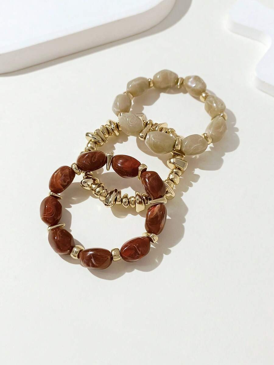 LADYCOCO 3件套复古优雅咖啡色亚克力串珠手链，适合女性和情侣日常佩戴 - 彩色 - 查看 1