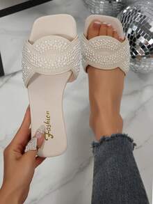 Women's Classic Pearl & Rhinestone Embellished Square Toe Flat Slippers, Suitable For All Seasons - Beige - View 11