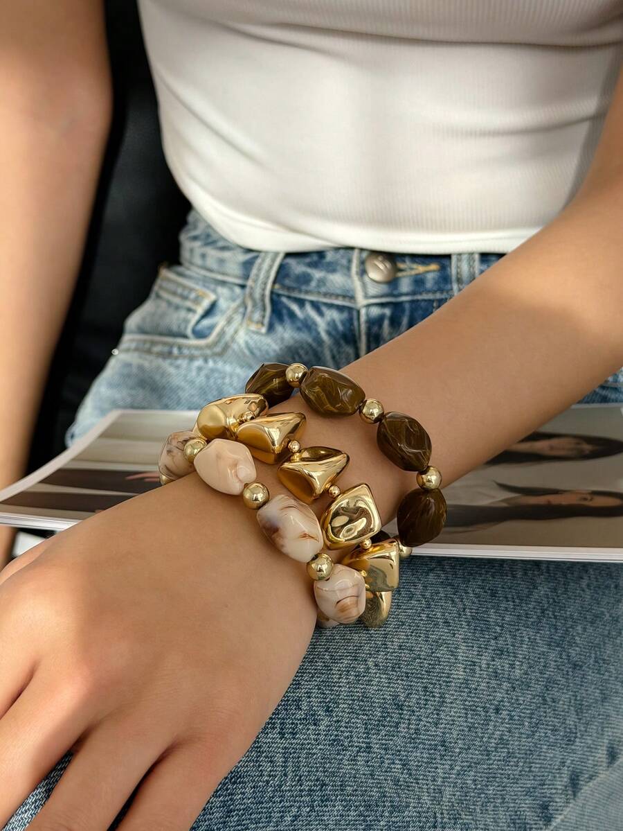 LADYCOCO Set de 3 piezas Pulsera acrílica gruesa y vintage multicapa con cuentas, pulsera transformable con chapa dorada, adecuada para mujeres, parejas, fiestas y uso diario - Multicolor 36 - Ver 1