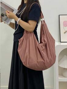 Large Capacity Solid Color Shoulder Bag, Waterproof Nylon Material, Minimalist Unisex Crossbody Bag, Zipper Closure, Casual Versatile Tote Bag Suitable For Work, Study, Travel - Rusty Rose - View 9