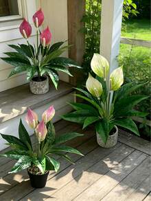 1 cây hoa ly giả, màu trắng và hồng, 3 lá xanh, thích hợp trang trí trong nhà và ngoài trời (không bao gồm chậu). - Nhiều màu - Xem 2