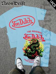 NeonDrift Double-Sided Printing Men's T-Shirt Men's Short-Sleeve T-Shirt100% Cotton Fabric Soft & Skin-Friendly Unisex Style Gifts For Spring Festival, Valentine's Day, St. Patrick's Day & World Cup-Van Dutch Dragon Print Men T Shirt Classic Americana Style Graphic Tee Streetwear Fashion Casual Wear For Car Enthusiasts And Vintage Culture Lovers - Màu xanh nhạt - Xem 1