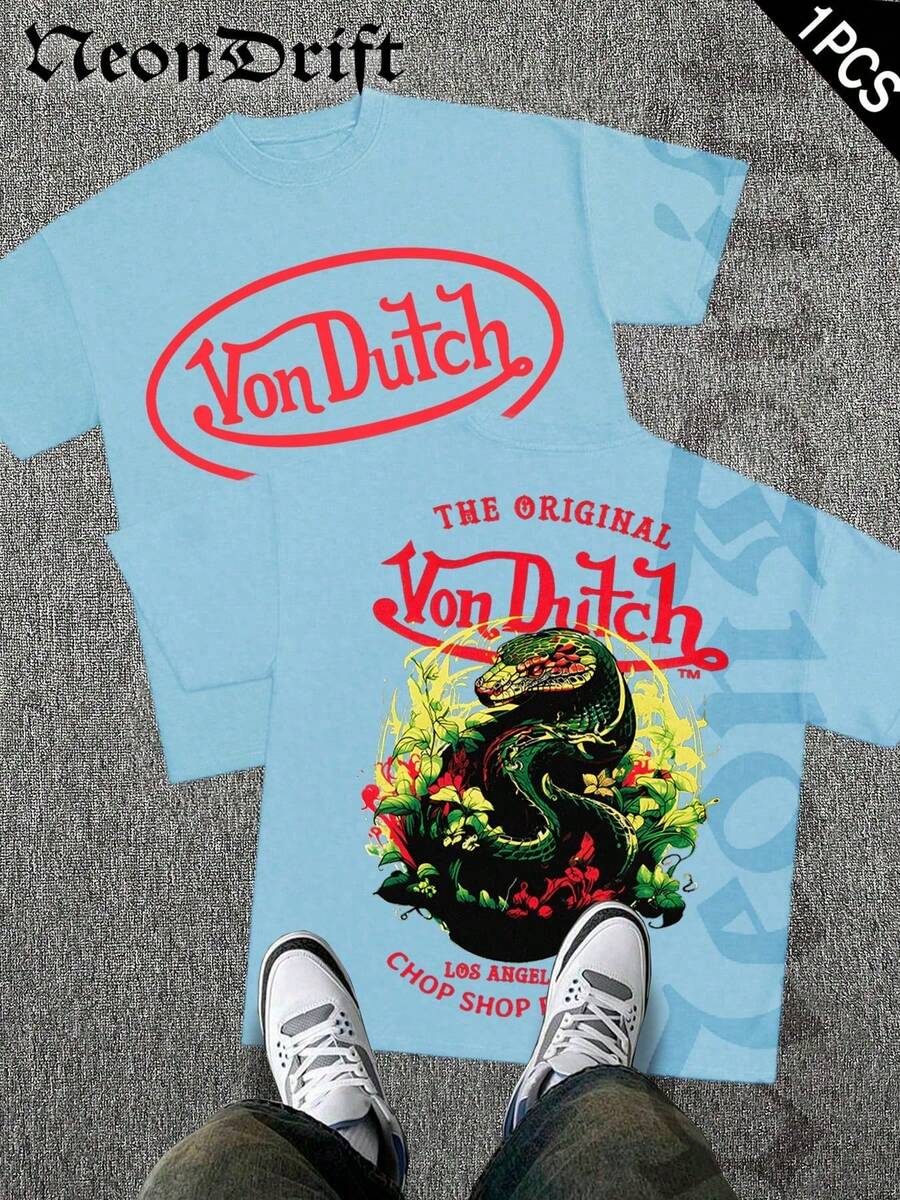 NeonDrift Double-Sided Printing Men's T-Shirt Men's Short-Sleeve T-Shirt100% Cotton Fabric Soft & Skin-Friendly Unisex Style Gifts For Spring Festival, Valentine's Day, St. Patrick's Day & World Cup-Van Dutch Dragon Print Men T Shirt Classic Americana Style Graphic Tee Streetwear Fashion Casual Wear For Car Enthusiasts And Vintage Culture Lovers - Màu xanh nhạt - Xem 1