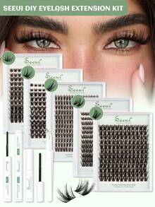 768/192/144片装大容量假睫毛套装，浓密柔软的睫毛簇，礼盒包装，睫毛嫁接胶水，睫毛镊子，睫毛卸除剂，混合睫毛簇，自然逼真假睫毛，睫毛，假睫毛 - 黑色 - 查看 2