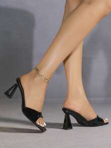 Women's Black Square Toe Slip-On Elegant Wedding Party Sexy Personalized Casual Street Fashion Asymmetric High Heel Sandals - Black - View 4