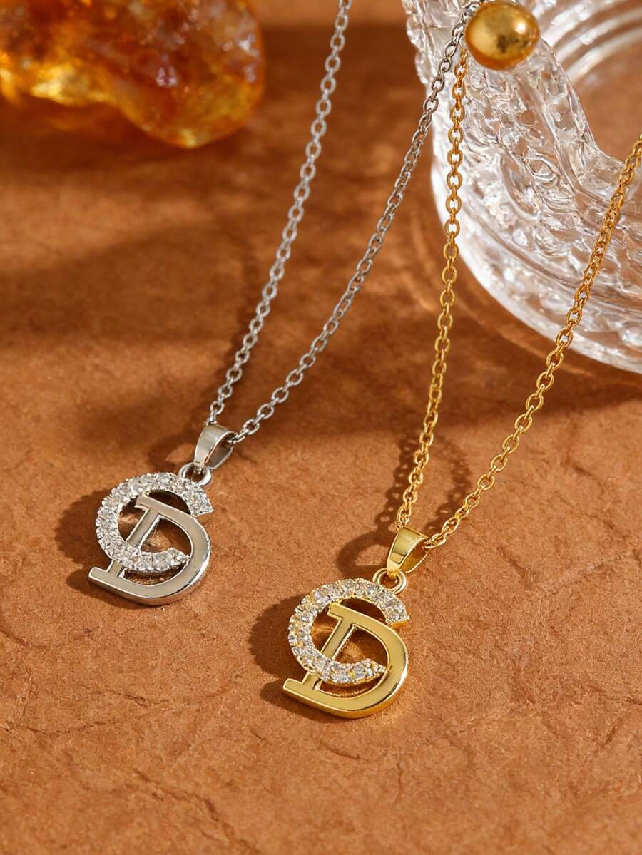 1pc Fashion Rhinestone C & D Letter Titanium Steel Necklace, Cross-Border Hot Selling Elegant Niche Design Versatile Choker Necklace For Women - Necklace - View 1