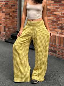 2026早春新款女士休闲优雅街头风高腰弹力格纹黄色阔腿裤，适合演唱会、音乐节等场合，展现Y2K时尚风格，也适合休闲穿着、沙滩装、春季服饰、街头风、毕业季、夏季、假日或度假等场合。 - Butter Yellow - 查看 3
