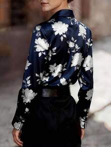 Áo sơ mi nữ thanh lịch in hoa, cổ bẻ, dáng suông, không cài cúc, kiểu dáng thoải mái, phù hợp cho công sở, nghỉ mát, mùa xuân. - Màu xanh hải quân - Xem 3