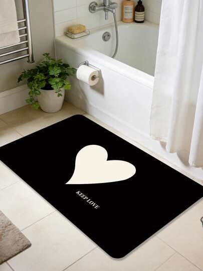 1pc Rubber Bathroom Mat, Minimalist Heart & Letter Design, Machine Washable Home Decor Carpet, Bathroom Dry-Wet Separation Mat, Suitable For Bathroom Entrance, Bathtub, Shower Area