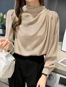 女士休闲轻薄通勤衬衫，立领，褶裥设计，公主袖，长袖，适合春秋季穿着 - 摩卡棕 - 查看 5