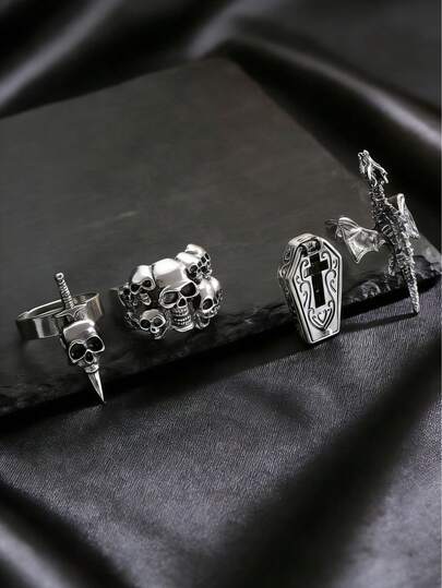 Set de 4 anillos góticos vintage punk con diseño de calavera de dragón y cruz en forma de ataúd, anillos abiertos para mujeres, adecuados para uso diario, fiestas, festivales de música, estilo casual callejero, accesorios de joyería