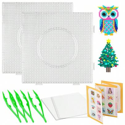 2pcs/Set - Assorted Fuse Bead Board Kit, 5mm Transparent Plastic Bead Boards, With Iron Paper Tweezers And Other Tools, Suitable For DIY Crafts Hobbyists, Perfect Fuse Bead Tools