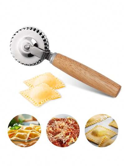 1pc 430 Stainless Steel Italian Dumpling Embossing Cutter, Rubber Wood Handle Baking Rolling Wheel Knife, Multi-Functional Pastry Crimper, Home Baking Tool, Suitable For Pie, Wonton Skin, Pizza And Cookie Molds, Kitchen Essential, Pasta Roller, Baking Accessories, DIY Fluted Edge Cutting Baking Tool, Non-Stick Easy To Clean Kitchenware, Suitable For Eid Al-Fitr, Easter, Back To School Season