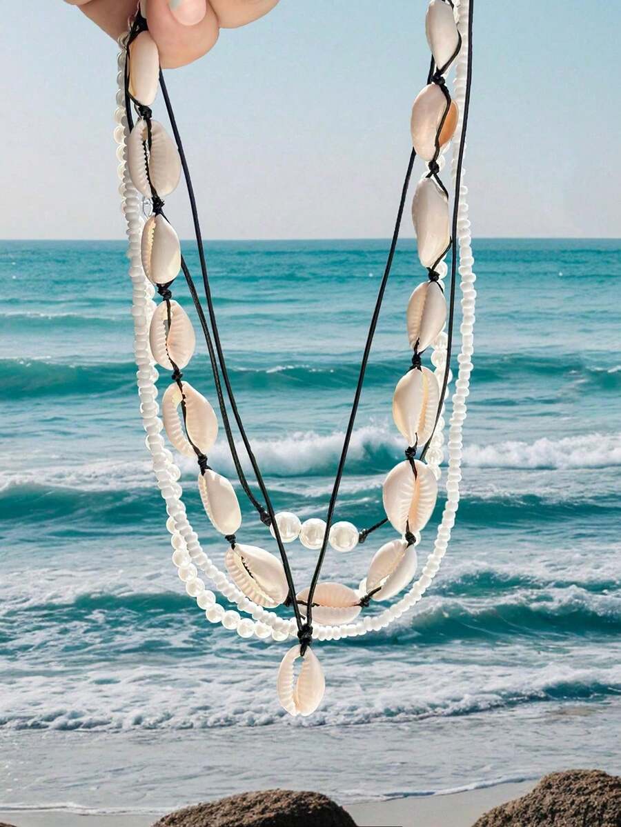 Set de 5 collares de estilo bohemio para vacaciones en la playa, collares multicapa de perlas falsas para mujeres - Negro - Ver 1