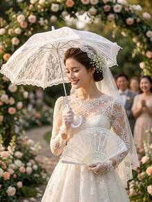 2件套蕾丝伞和蕾丝塑料扇婚礼配饰套装，欧式新娘伞，户外婚礼装饰伞扇套装，最佳礼物，婚礼摄影道具，适合婚礼和舞蹈表演；白色新娘扇，白色折叠扇，大型手持扇，适合单身派对和婚礼装饰 - 彩色 - 查看 3