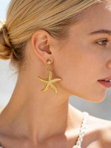Mazuer 一对18K镀金纹理海星吊坠耳环，不锈钢球形耳钉，适合女士海滩度假、日常佩戴、约会、母亲节礼物 - 海星 - 查看 1
