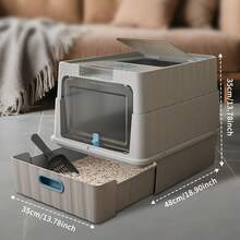 Foldable Cat Litter Box With Lid - Jumbo Enclosed Potty - Top Entry Anti-Splashing Toilet - Includes Scoop & 2-In-1 Cleaning Brush - 52*35*35cm - View 10