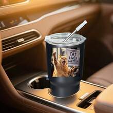 30oz Stainless Steel Tumbler Black White Options,  Cat Lives Matter Protest Cat Graphic Cups, Insulated Travel Coffee Mug With Lid And Straw , Double Wall Vacuum Reusable Travel Cups, Funny Birthday Party Gift For Women & Men - 黑色 - 查看 2