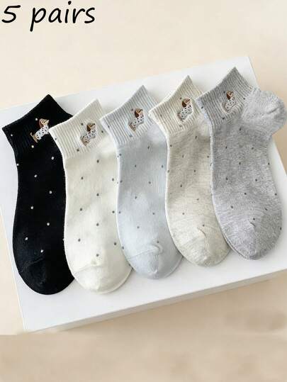 5双女士袜子，春夏款式，5双波点刺绣卡通狗图案袜子，设计简约百搭，细节精致，袜口饰有小狗刺绣logo，时尚简约，舒适弹力，适合各种场合。