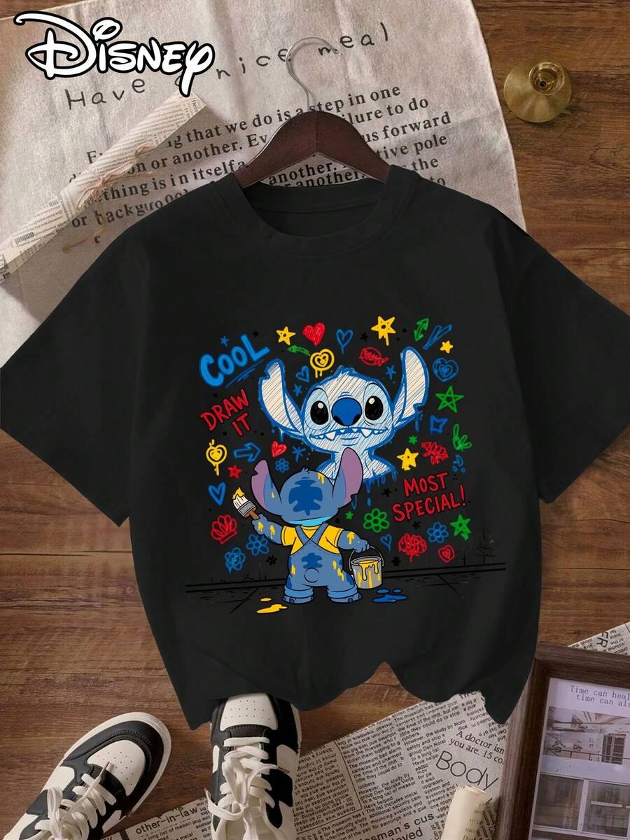 Women's Disney Lilo & Stitch Stitch Themed T-Shirt - Cute Stitch & Stitch Print Short Sleeve Round Neck Casual Summer Tee With Lilo & Stitch Characters For Casual Attire, Machine Washable & Women's Apparel - 黑色 - 查看 1