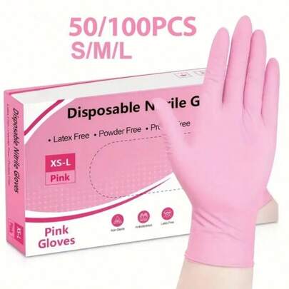 100/50/4只装（无盒），一次性丁腈多用途手套。尺码：S、M、L、XL。耐用、防水、加厚，适用于家庭清洁。也适用于厨房、浴室、清洁、纹身、美容护理、染发、绘画、户外旅行、家用工具、宠物护理、美发沙龙和清洁用品等。注意：由于生产批次不同，可能存在轻微色差。这是正常现象，不影响手套的质量或性能。