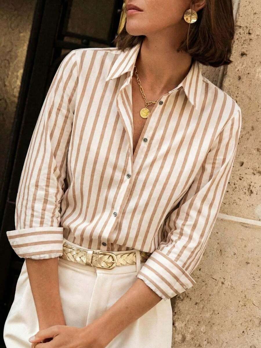 ELVA 条纹纽扣衬衫，适合办公室、教师、休闲外出、音乐会等场合，商务休闲女装春季款 - 卡其色 - 查看 1