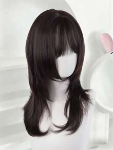 Synthetic Brown Black Medium Straight Jellyfish Wig With Bangs Natural Layered Wig Suitable For Women Daily Party - Multicolor - View 3