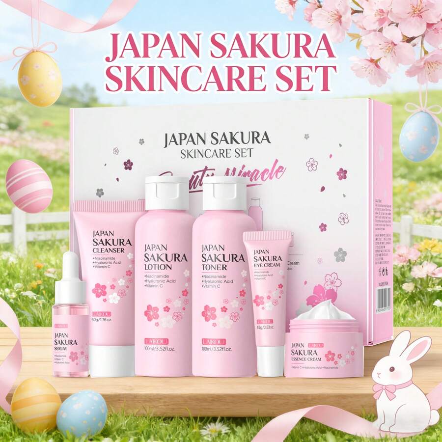 6 Pcs Skin Care Sets JAPAN SAKURA Women Beauty Gift Sets Sakura Skin Care Kit With Cleanser, Toner, Serum, Eye Cream, Lotion, Essence Cream Travel Kit For Women Teen Girls - 6件 - 查看 1